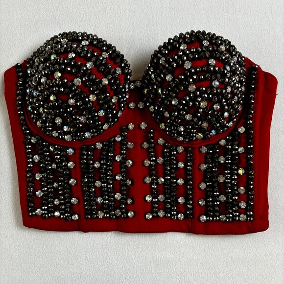 Women's Beaded Red Tank Corset Bra Bralette Spaghetti Strap Bustier Crop Top - Picture 10 of 10